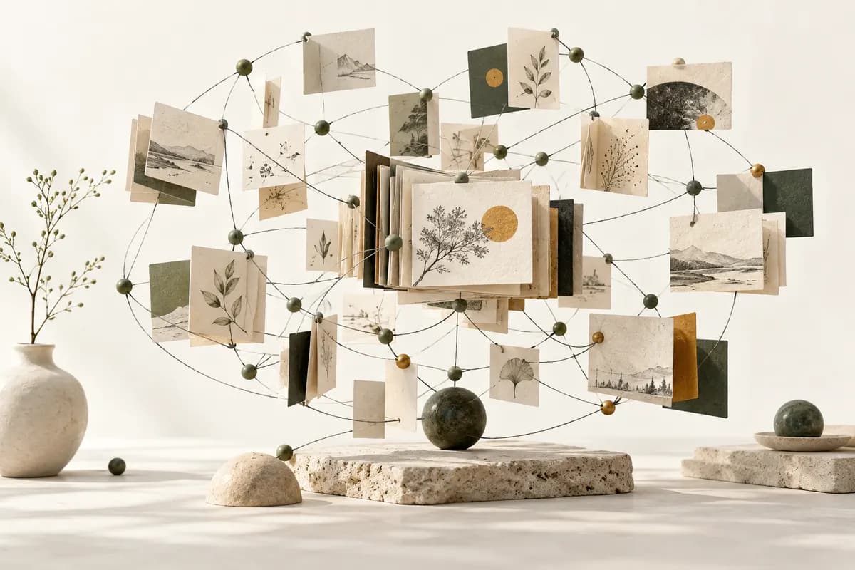 Illustration of paper knowledge cards connected by fine threads