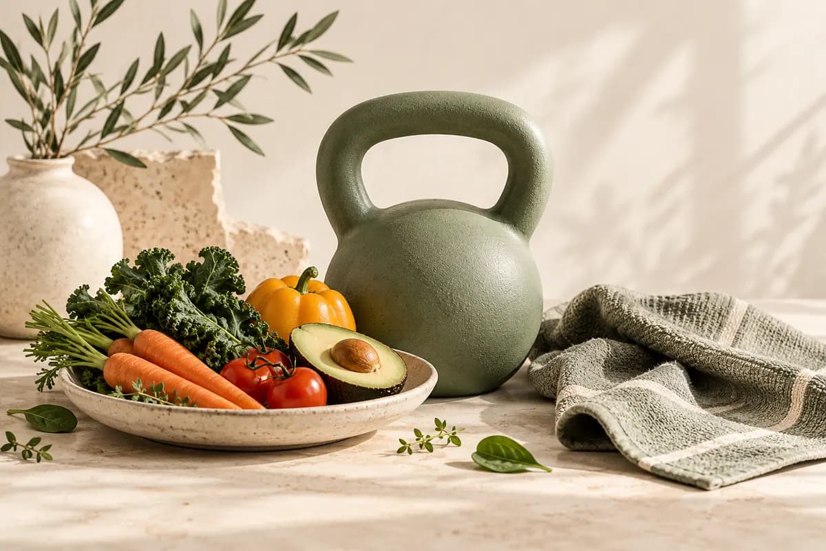 Illustration of a sage kettlebell, vegetables and an exercise towel