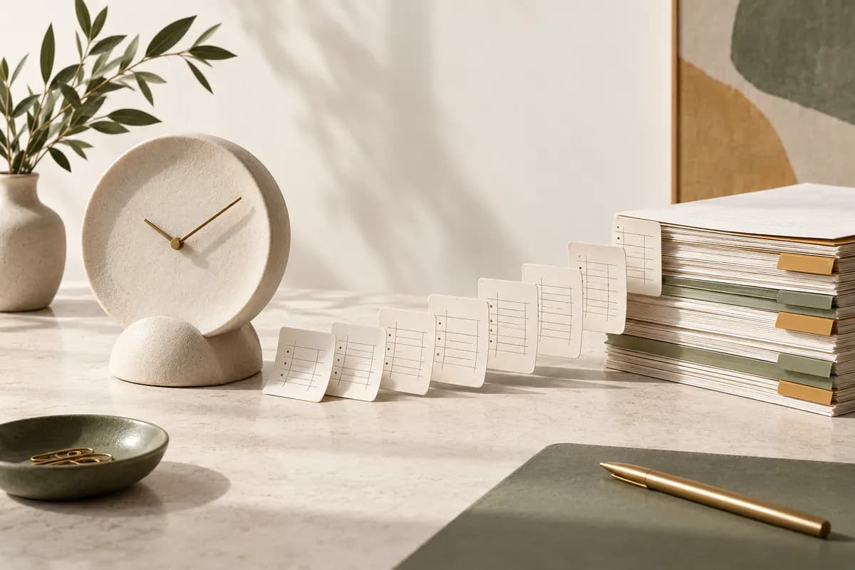Illustration of a clock and timesheet cards leading into a ledger